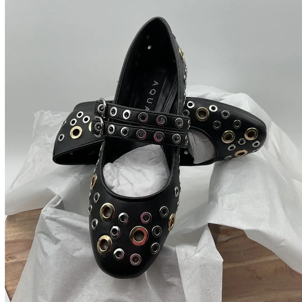 Aqua Gabbi Black Grommet Mary Jane Flats Double Buckle Mixed Metal Shoes Size 5M